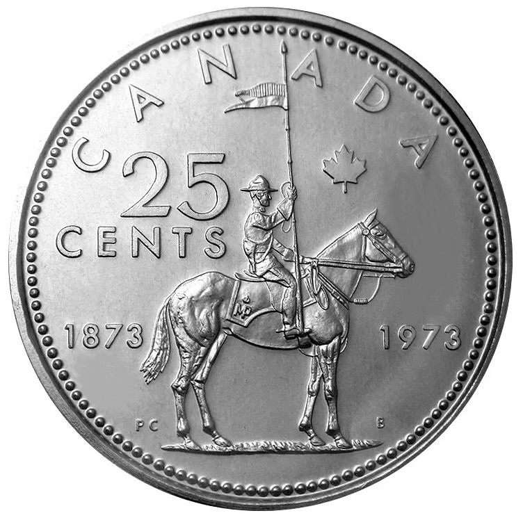 Reverse of the 1973 Canadian RCMP Centennial 25-cent coin