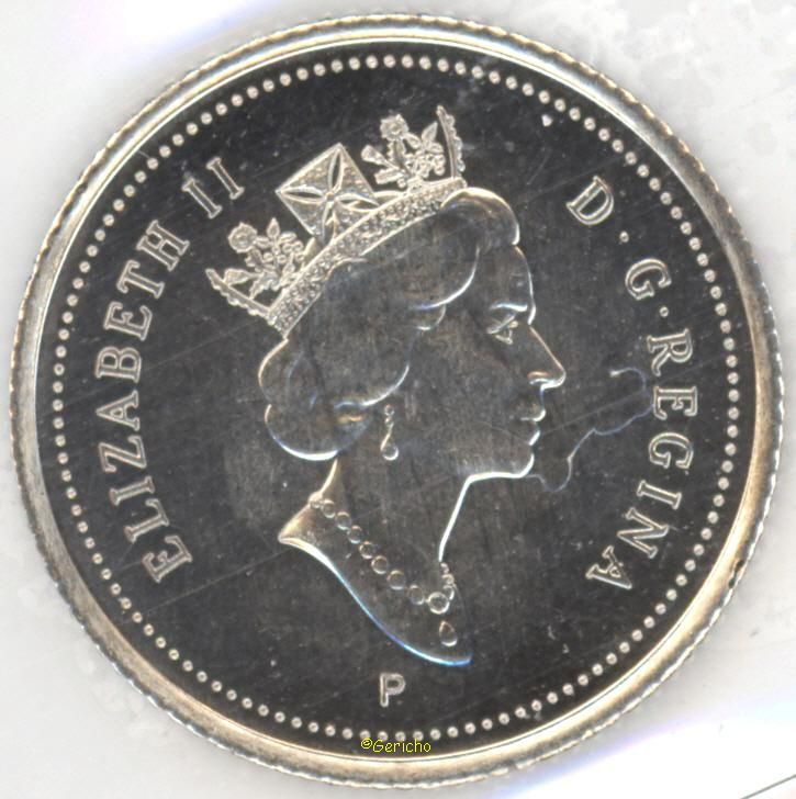 Canadian 2000P dime showing the P mint mark beneath Queen Elizabeth II