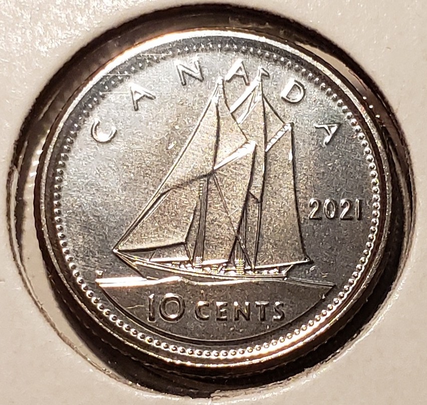 2021 Canadian 10-cent coin showing the elusive single-date Bluenose variety