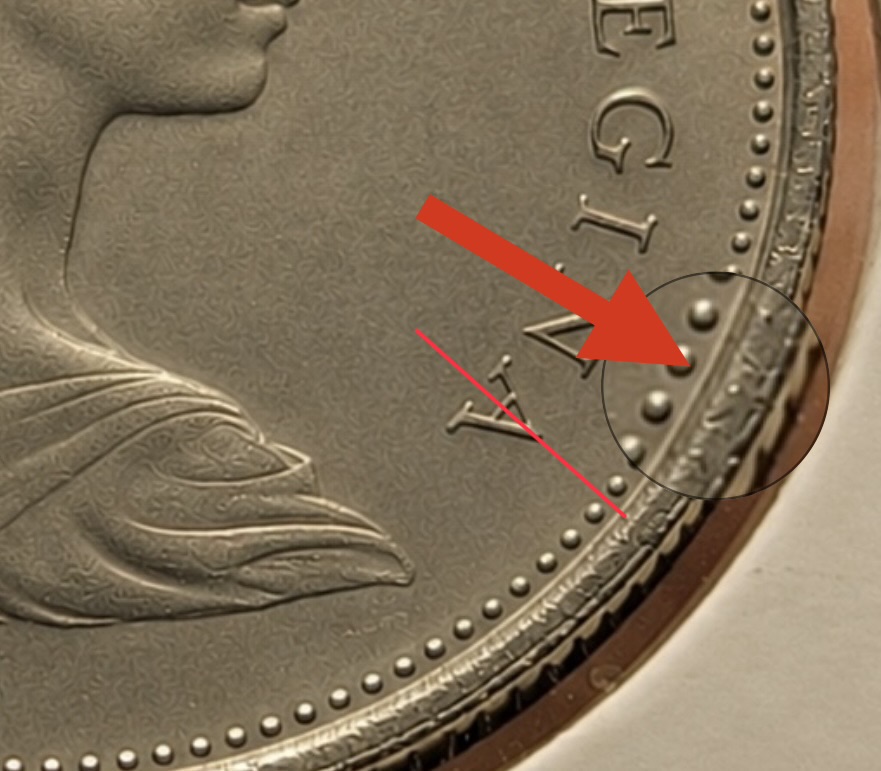 1973 Canadian Large Bust quarter diagnostic showing the A in REGINA and beads close to the rim