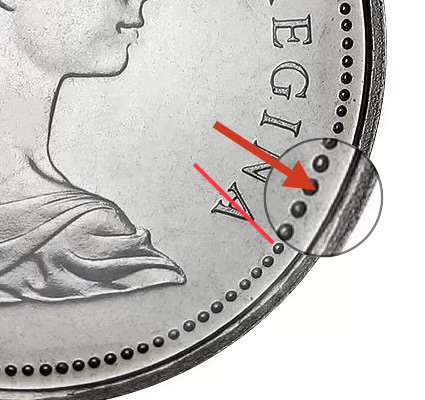 1973 Canadian Small Bust quarter diagnostic showing the A in REGINA and wider bead-to-rim spacing
