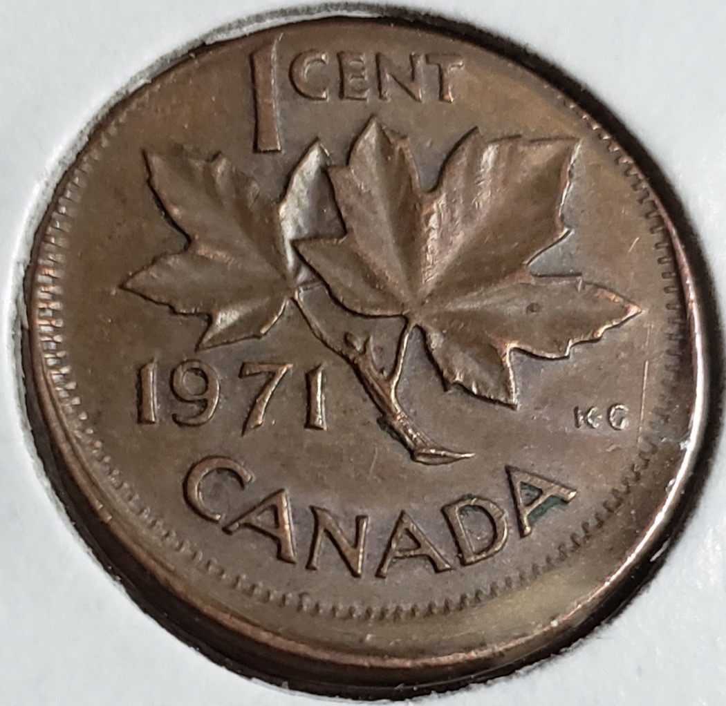 1971 Canadian cent showing an off-centre strike