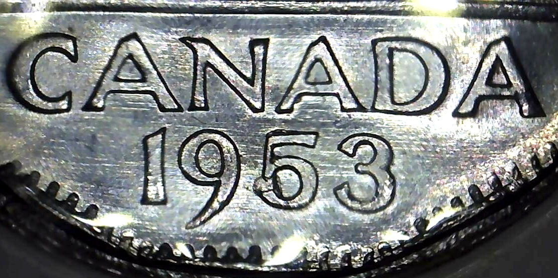 Authentic 1953 Canadian coin showing thickened lettering and date margins