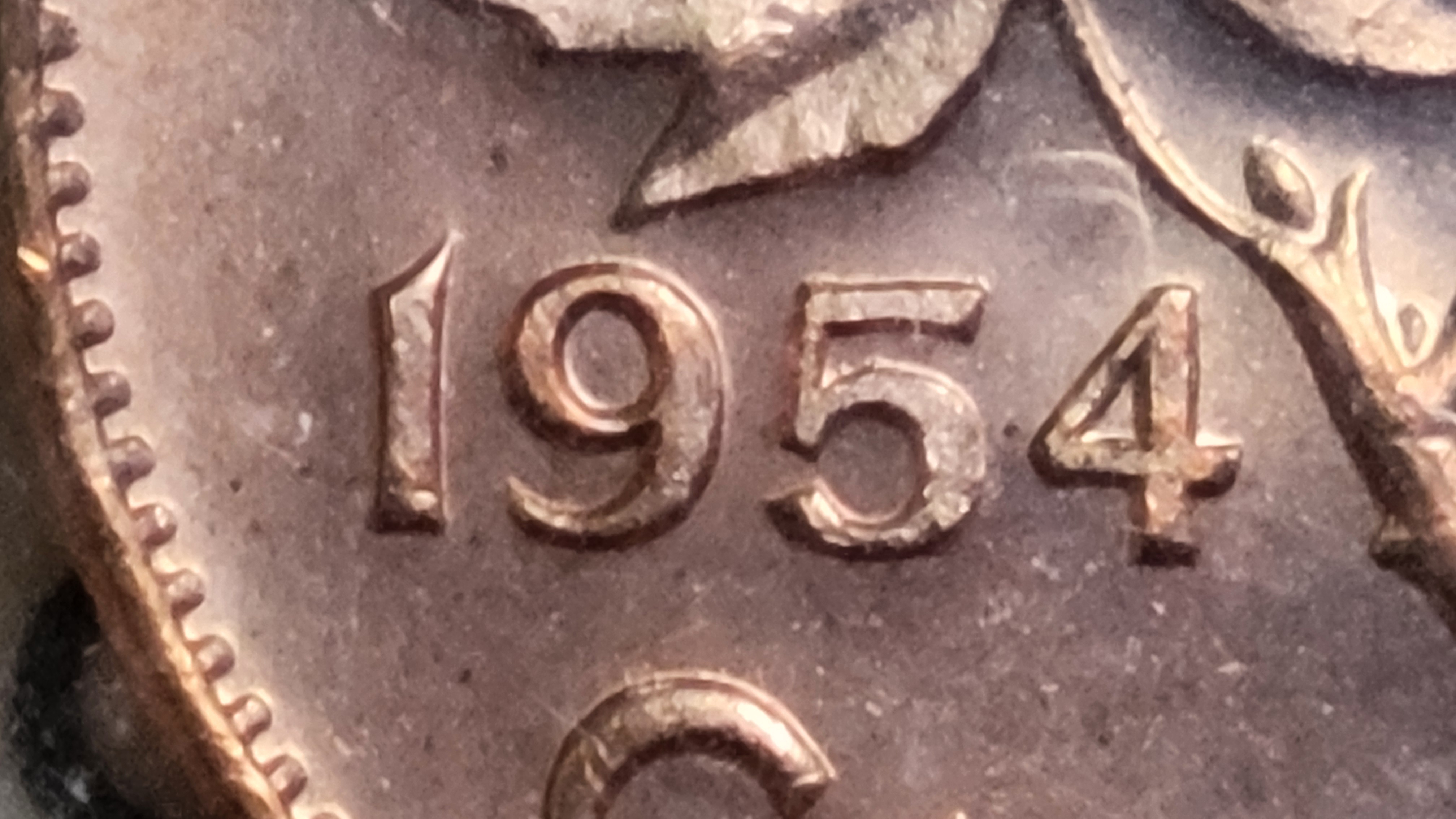 1954 Canadian one-cent Hanging 4 variety, CoinData specimen