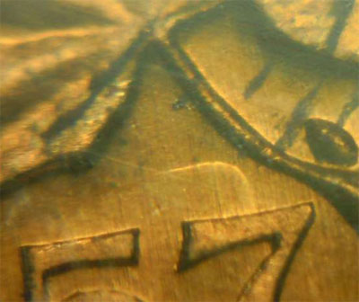 1957 Canadian one-cent Hanging 7 variety, CoinData specimen