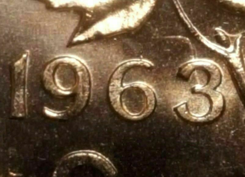 1963 Canadian one-cent Hanging 3 variety, CoinData specimen